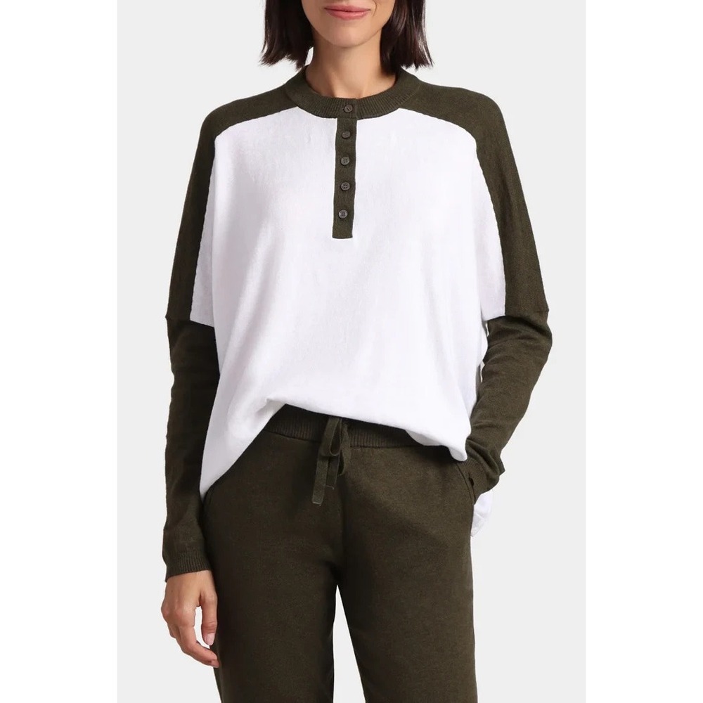 Minnie Rose Oversized Colorblock Cashmere Blend Henley Sweater In Green Size M/L